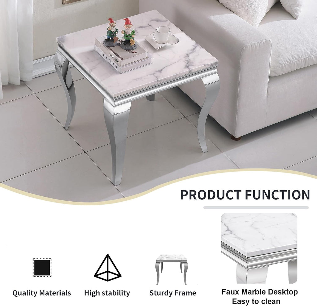 Marble End Table, Modern White Faux Marble Sofa Side Table with Silver Stainless Steel Legs, Luxury Sqaure Accent Side Table Bedside Table Nightstand for Living Room Bedroom Office