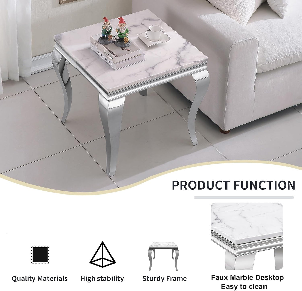 Marble End Table, Modern White Faux Marble Sofa Side Table with Silver Stainless Steel Legs, Luxury Sqaure Accent Side Table Bedside Table Nightstand for Living Room Bedroom Office