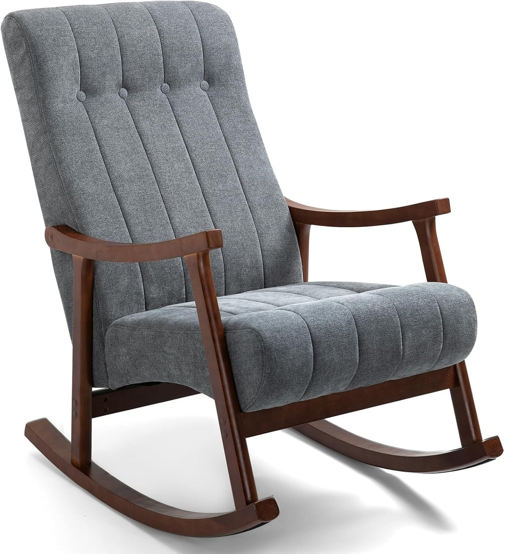 AVAWING Rocking Chair, Dark Grey Upholstered High Back Solid Wood Armchair | Soft Fabric Padded Seat; Sturdy Solid Wood Frame; Ergonomic High Back; For Adults; Easy Assembly; Living Room Bedroom Leisure