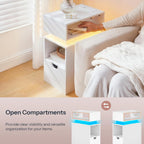 HOOBRO Narrow End Table, Floating Nightstand with LED Light Strip, with Drawer, Slim Bedside Table with Charging Station for Living Room, Bedroom, White WT204UDBZ01