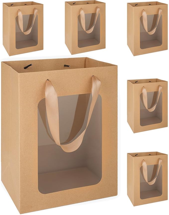 MOXARYSU 6 Pcs Brown Gift Bags with Clear Window: 9.8x5.1x7.1 Inch Medium Kraft Paper Bags with Handle For Party Business Birthday Wedding