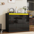 Furnify High Gloss Buffet Cabinet with LED Lights, Modern Sideboard Coffee Bar with 3 Doors & Charging Station, Handless Modern Sideboard Storage Cabinet for Living Room, Entryway, Black