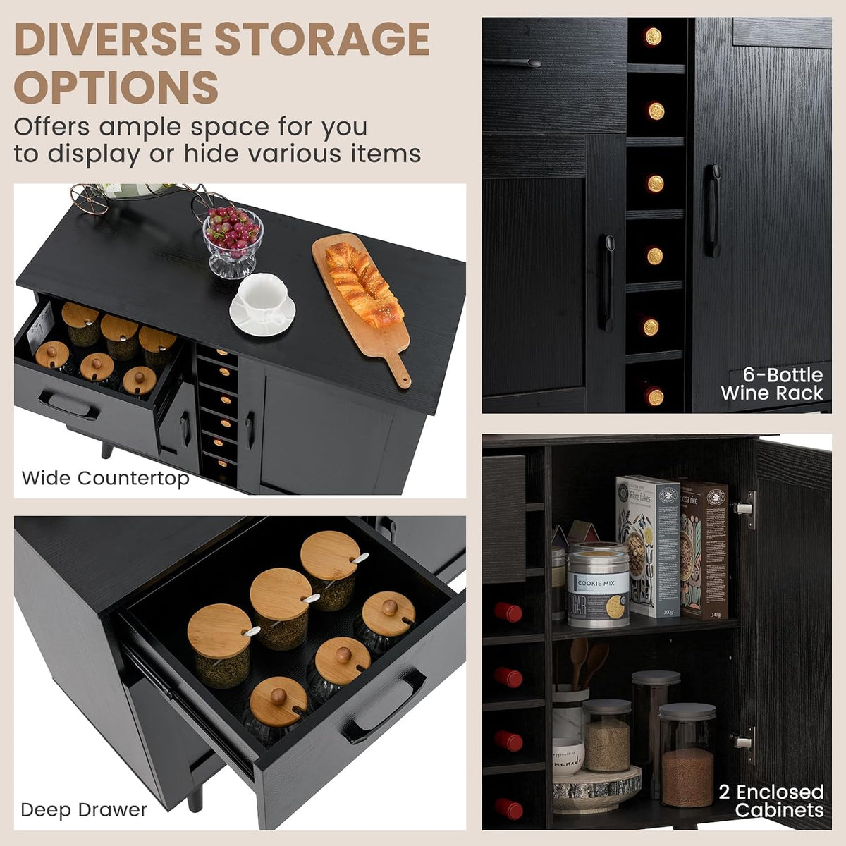 GOFLAME Wine Bar Cabinet, Buffet Sideboard with 2 Doors & 1 Drawer, 6-Bottle Wine Rack, Adjustable Shelves, Cupboard with Storage for Kitchen, Living Room, Black