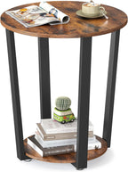 VASAGLE Round Side End Table, 2-Tier Accent Bedside Table with Storage Shelf, Easy Assembly, Nightstand for Small Spaces, Living Room, Bedroom, Rustic Brown and Ink Black ULET57X