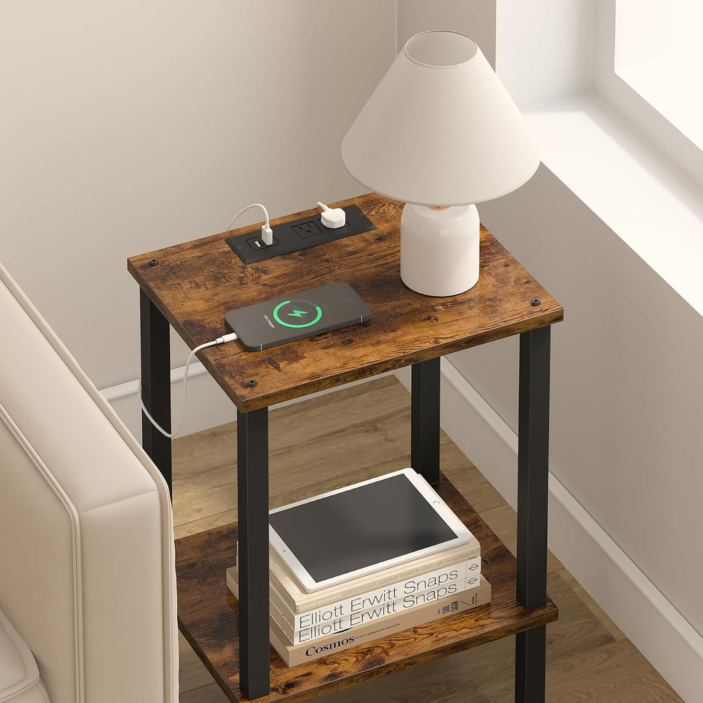 TUTOTAK End Table with Charging Station, Side Table with USB Ports and Outlets, Nightstand, 2-Tier Storage Shelf, Sofa Table for Small Space TB01BB040