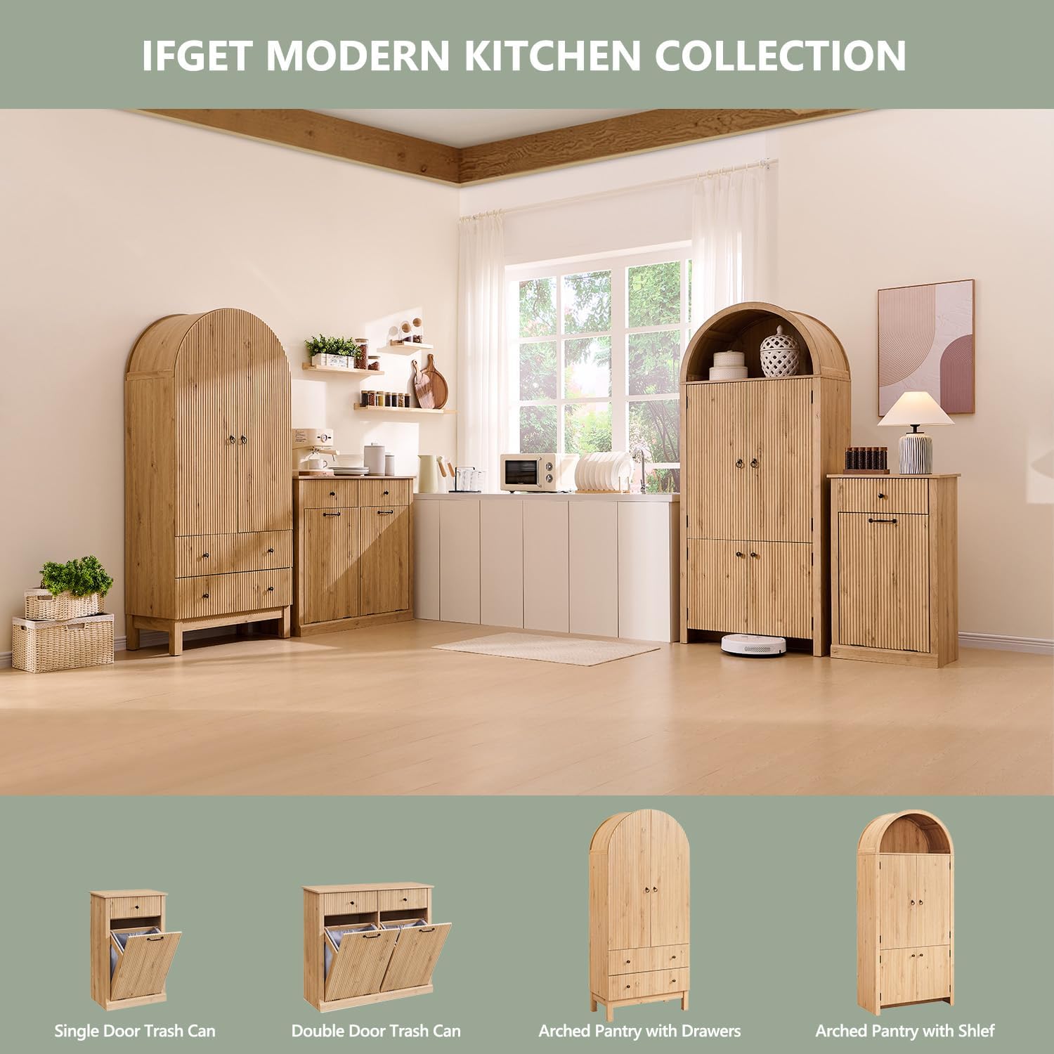 IFGET 71" Tall Arched Kitchen Pantry, Modern Fluted Storage Cabinet,Natural | Wooden Pantry Cabinet with Doors, 3 Adjustable Shelves, 6 Door Shelves, Organizer, Versatile Cupboard for Kitchen, Bathroom