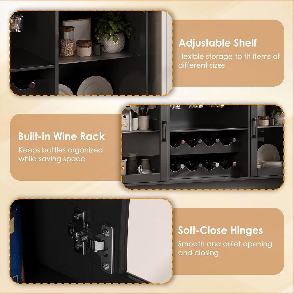 Large Coffee Bar Cabinet LED Wine Pantry Cabinet with Storage Hutch | 70.8" Freestanding Storage Cabinet with Charging Station, Adjustable Shelves, Wine Rack for Dining Room, Living Room, Black