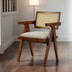 Solid Sheesham Wood Arm Chair with Cushion and Cane Back Support Chair Living Room Bedroom Home Wooden Armchair Furniture Garden Balcony Outdoor & Indoor (Honey Brown)