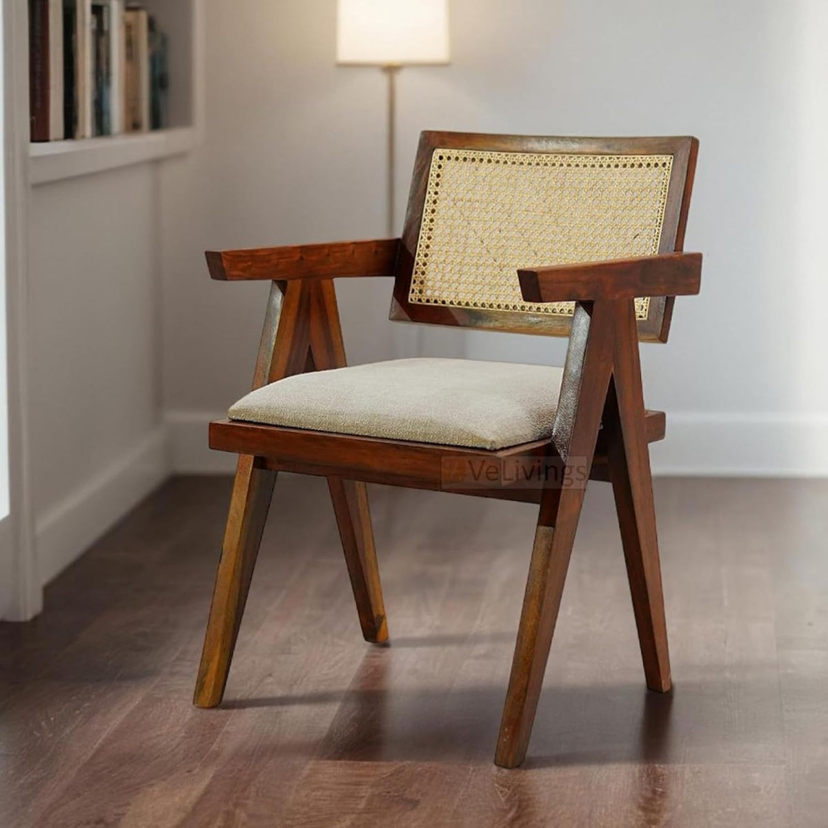 Solid Sheesham Wood Arm Chair with Cushion and Cane Back Support Chair Living Room Bedroom Home Wooden Armchair Furniture Garden Balcony Outdoor & Indoor (Honey Brown)
