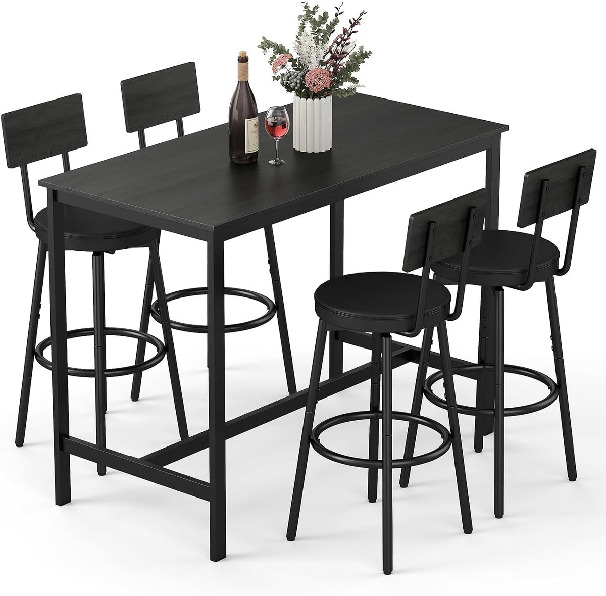 Zevemomo 5-Piece Dining Table Set, Bar Table Set for 4, Kitchen Table and Chairs, Counter Height High Top Table with 4 PU Upholstered Stools, Space-Saving Pub Table Sets for Small Space, Black
