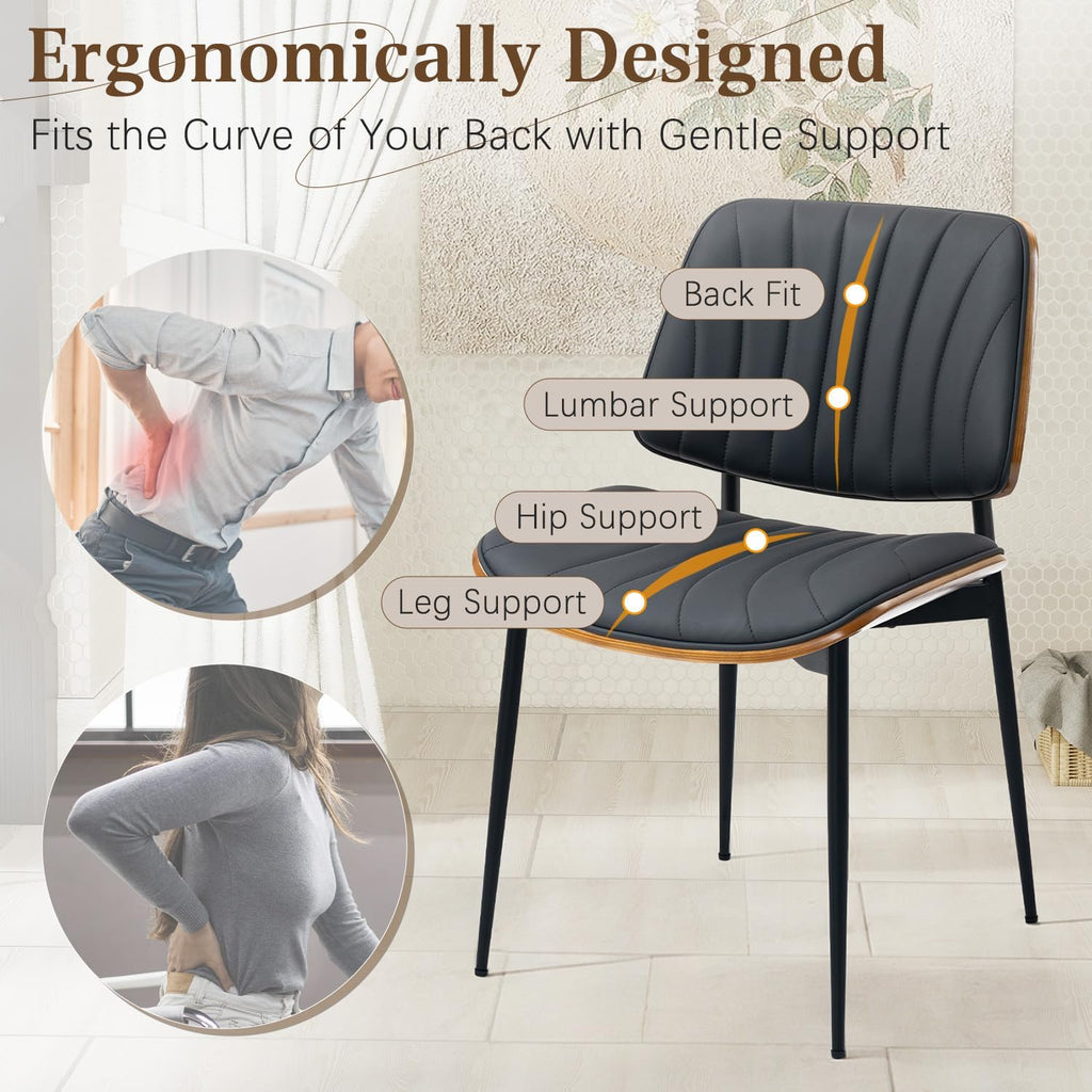AVAWING Walnut Dining Chairs Set of 6, Mid Century Modern Dining Chairs PU Leather Upholstered Kitchen Chairs with Walnut Bentwood Back & Metal Legs for Dining Room, Kitchen, Living Room, Black
