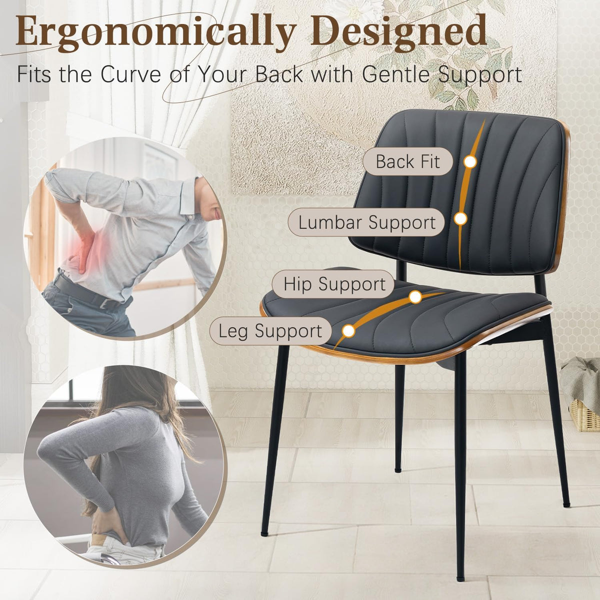 AVAWING Walnut Dining Chairs Set of 6, Mid Century Modern Dining Chairs PU Leather Upholstered Kitchen Chairs with Walnut Bentwood Back & Metal Legs for Dining Room, Kitchen, Living Room, Black