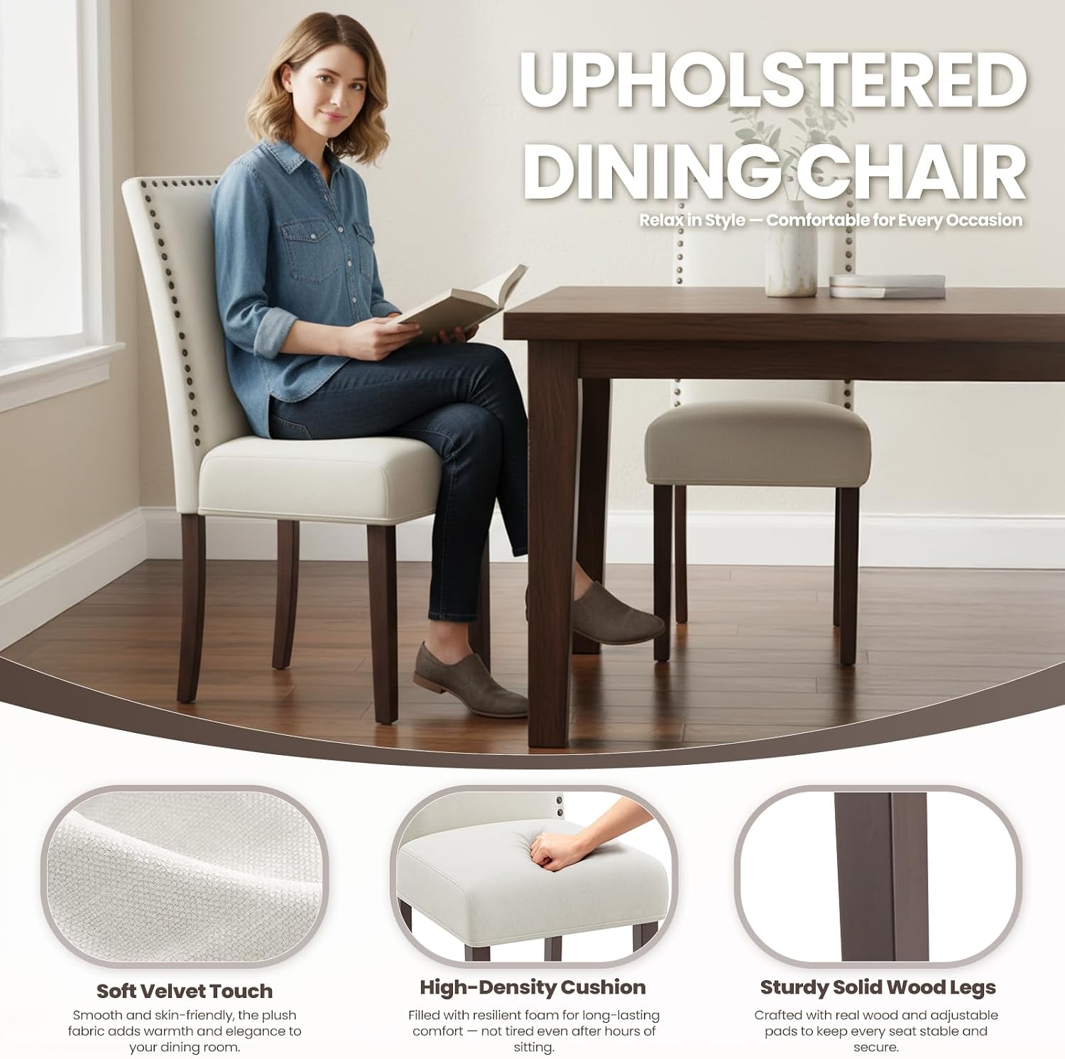 MALOL Velvet Dining Chairs Set of 2, Upholstered Kitchen Chairs with Thick Cushion & Solid Wood Legs, Adjustable Foot Pads, Elegant Chairs for Dining Room/Kitchen/Living Room