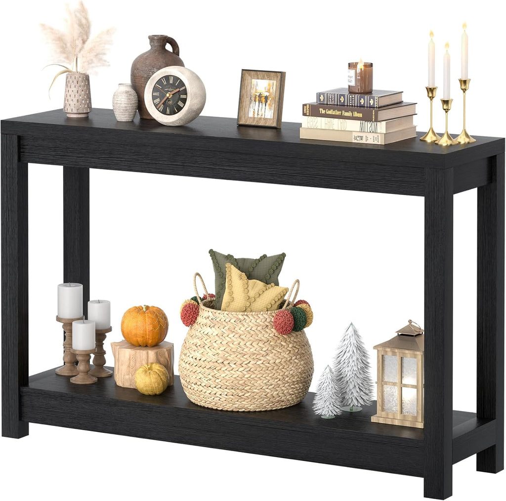 Besiost 47" Farmhouse Wood Entryway Table Narrow Console Table with Storage Behind Couch Sofa Table with Shelves for Entry Way with Open Storage, Easy Assembly, Embossed Wood Grain Black