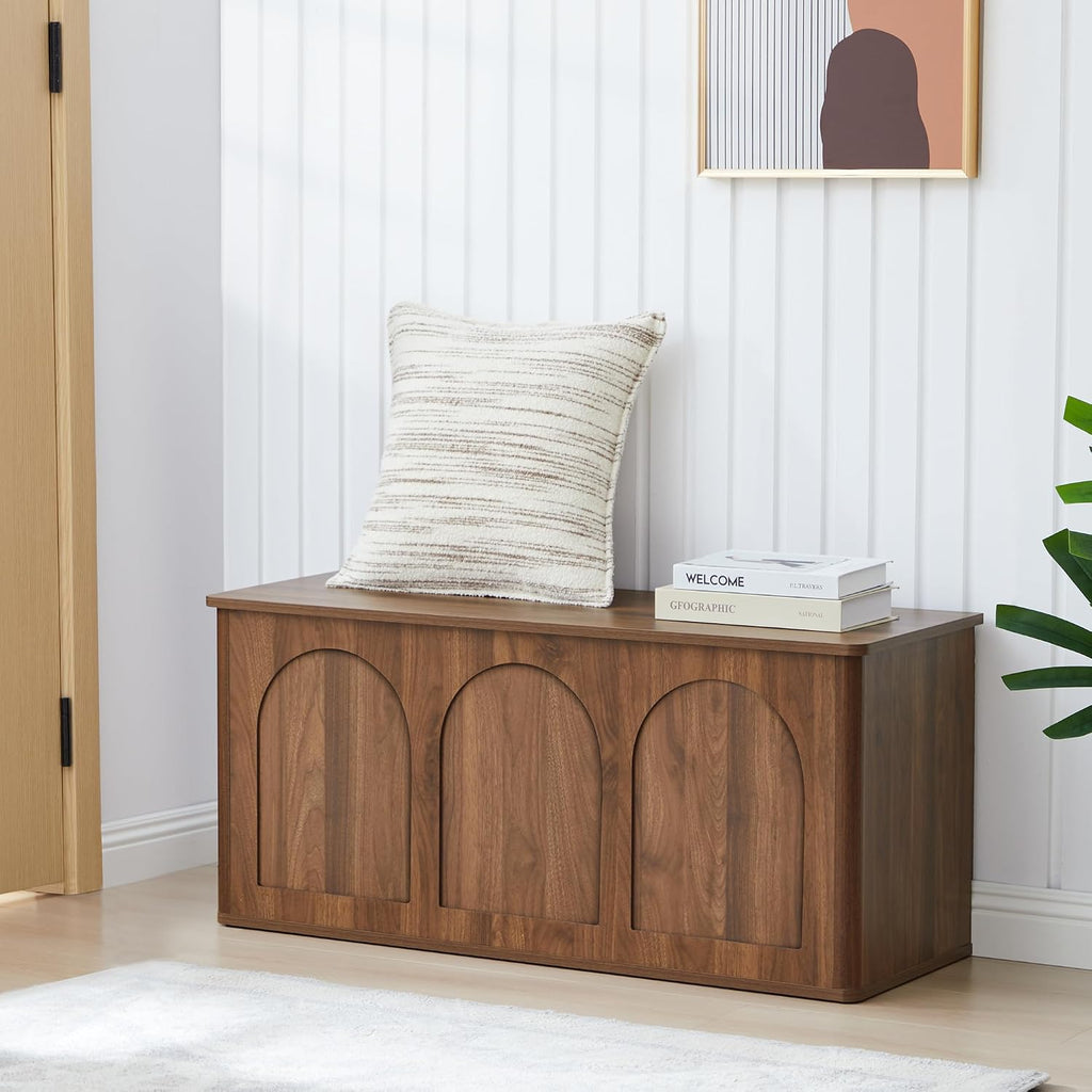 Storage Chest, 43'' Wood Storage Trunk with Flip-Top, Farmhouse Wooden Shoe Storage Bench for Hallway, Bedroom, Living Room, Walnut