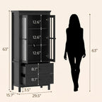63" Kitchen Pantry Cabinet, Modern Farmhouse Storage Cabinet with Tempered Glass Doors & 2 Large Drawers, Wood Cupboard with Adjustable Shelves for Dining Room, Kitchen, Black