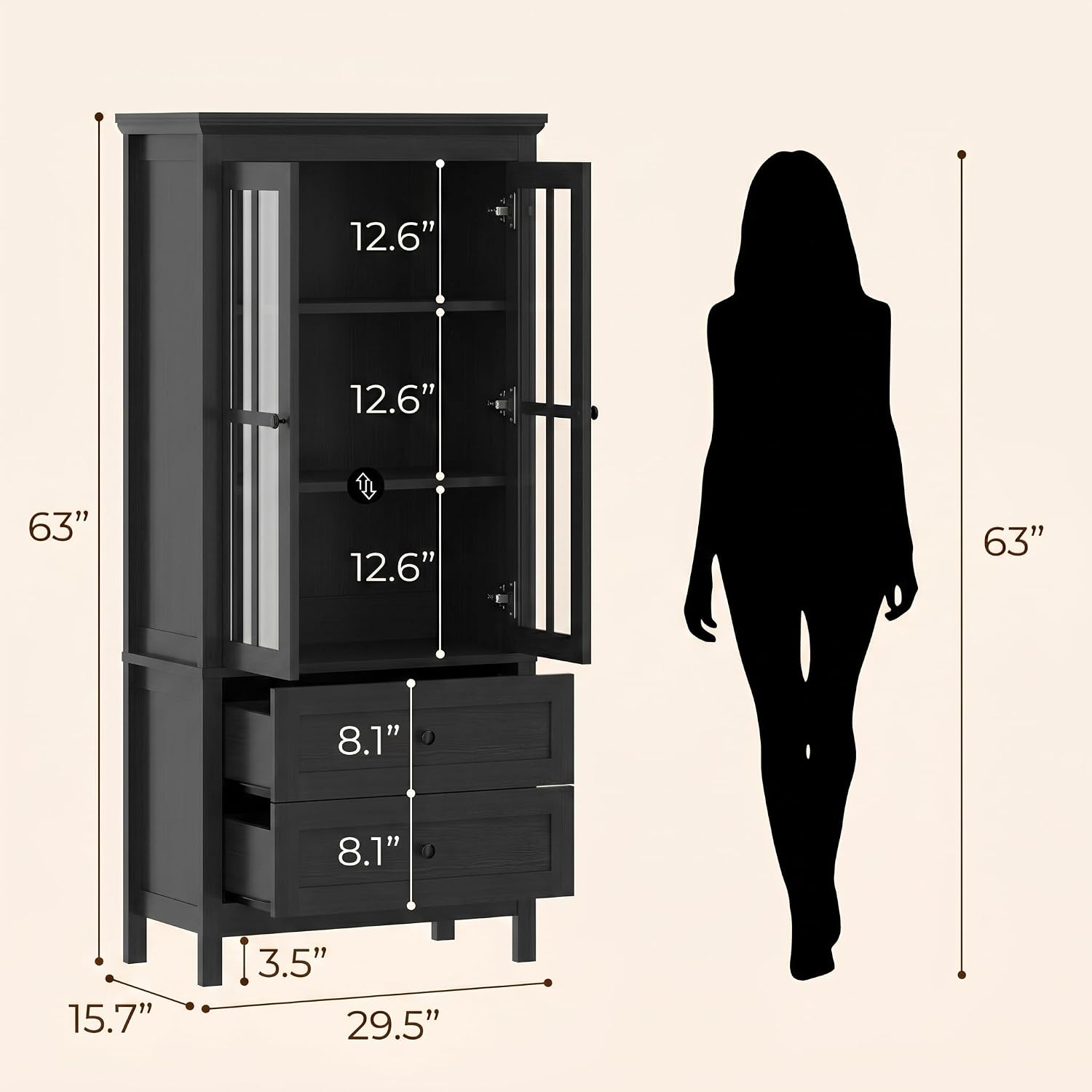 63" Kitchen Pantry Cabinet, Modern Farmhouse Storage Cabinet with Tempered Glass Doors & 2 Large Drawers, Wood Cupboard with Adjustable Shelves for Dining Room, Kitchen, Black