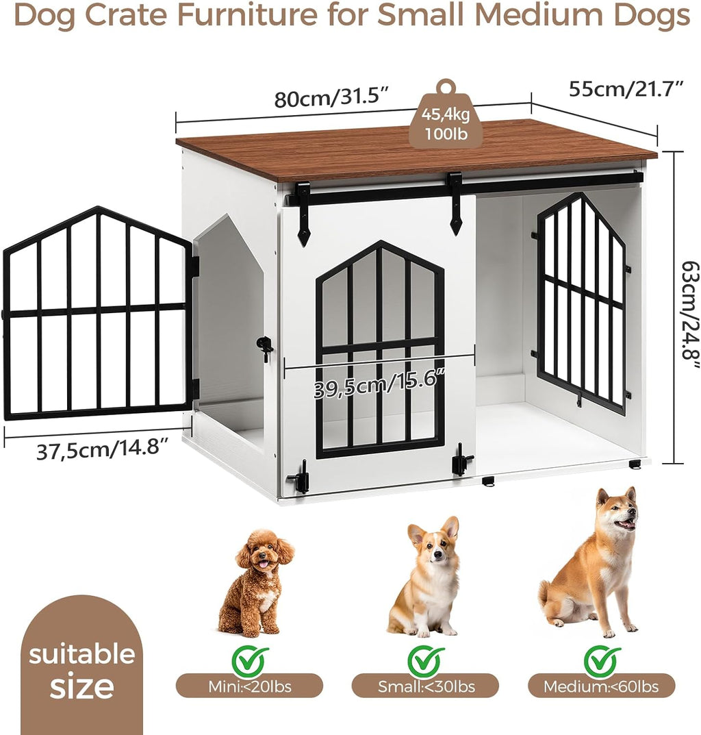 MAHANCRIS Farmhouse Nightstand and Dog Crate Furniture Bundle, End Table with Barn Door, Wooden Dog Cage for Small Medium Dogs, Side Table for Bedroom, Living Room, ET155-DCBA9601