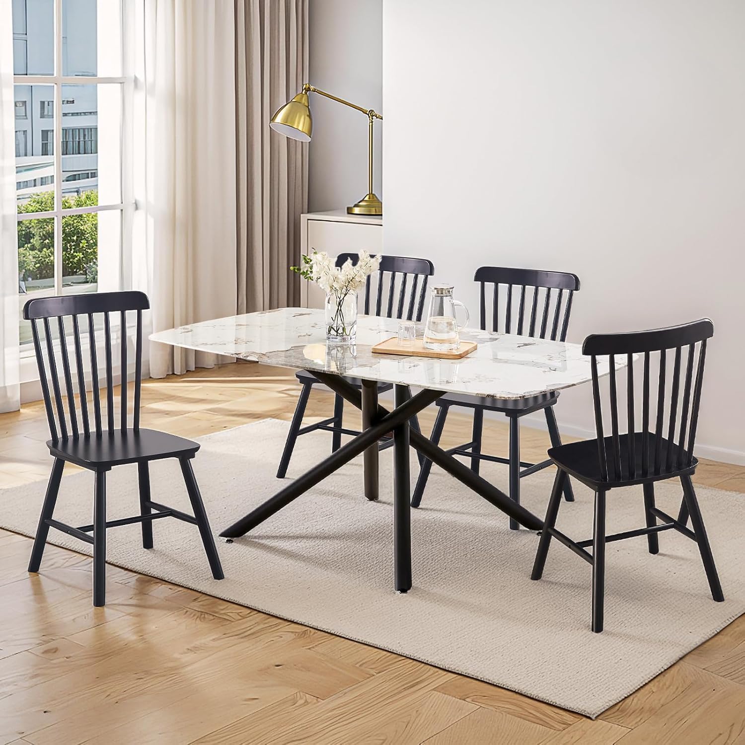 Black Windsor Dining Chairs Set of 6, Solid Wooden Dining Chairs, Spindle Back Dining Room Chairs, Modern Farmhouse Kitchen Chairs for Living Room, Restaurant, Cafe