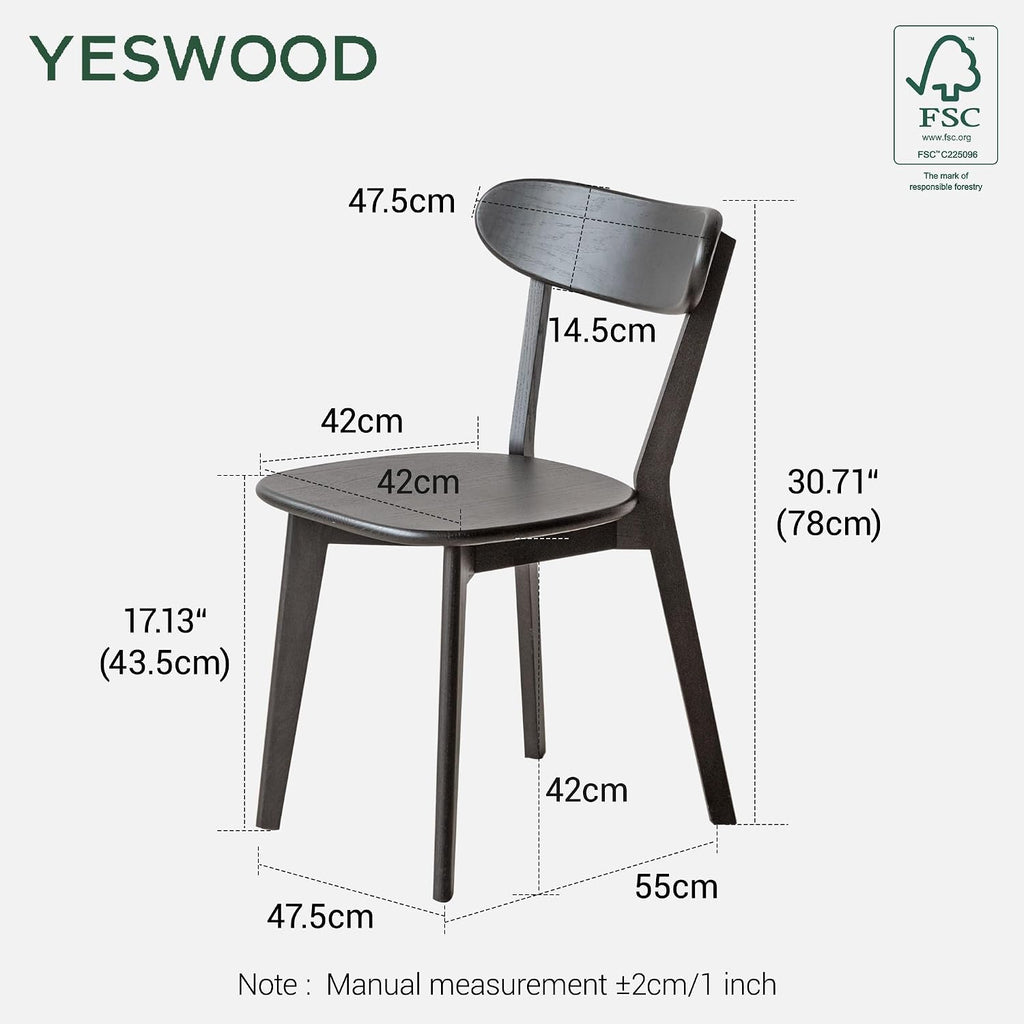 YESWOOD Oak Dining Chairs Set of 2, 100% Solid Wood Kitchen Chairs with Curved Backrest, Mid Century Modern & Farmhouse Side Chairs for Dining Room, Living Room, Study, Black
