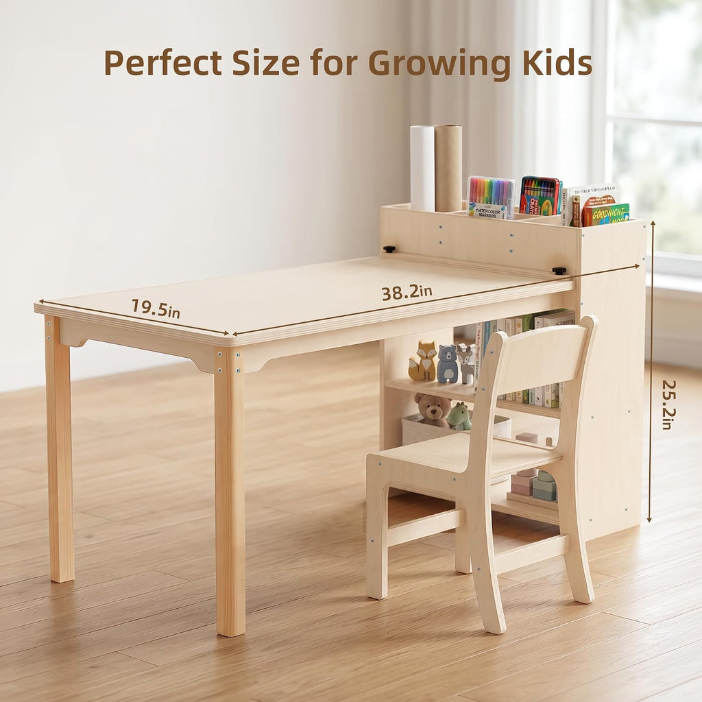 Kids Table and Chair Set, Wooden Toddler Activity Table with Storage Cabinet, Birch Art Desk for Drawing, Crafts, Reading and Games, 1 Chair Included