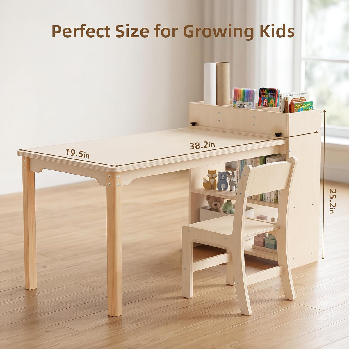 Kids Table and Chair Set, Wooden Toddler Activity Table with Storage Cabinet, Birch Art Desk for Drawing, Crafts, Reading and Games, 1 Chair Included