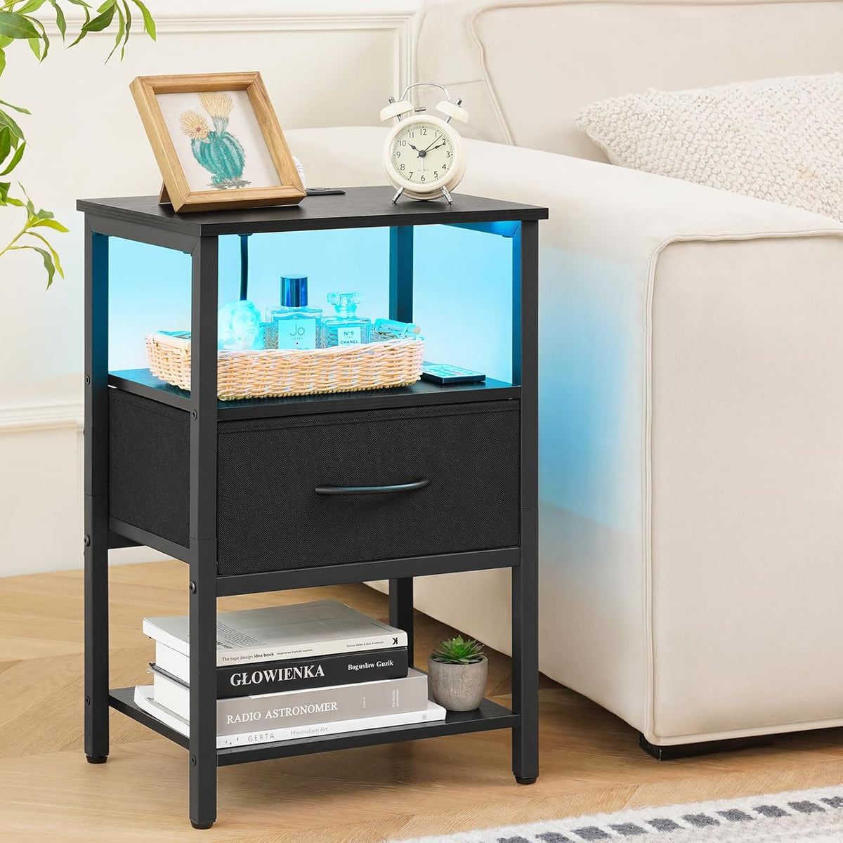 Yoobure Side Table with Storage, LED Night Stand with Charging Station, End Tables Living Room, Nightstand for Bedroom with Adjustable Fabric Drawer, 3-Tier Wood Bedside Table, Black