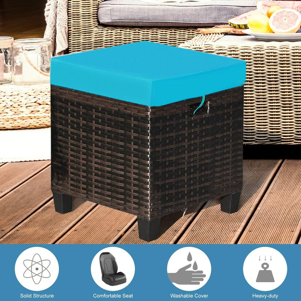 2PCS Patio Outdoor Ottomans, Rattan Wicker Ottoman Seat w/Removable Cushions, Rattan Footstool Footrest Seat, Patio Wicker Furniture Small Chair for Home,Patio, Garden, Backyard (Turquoise)