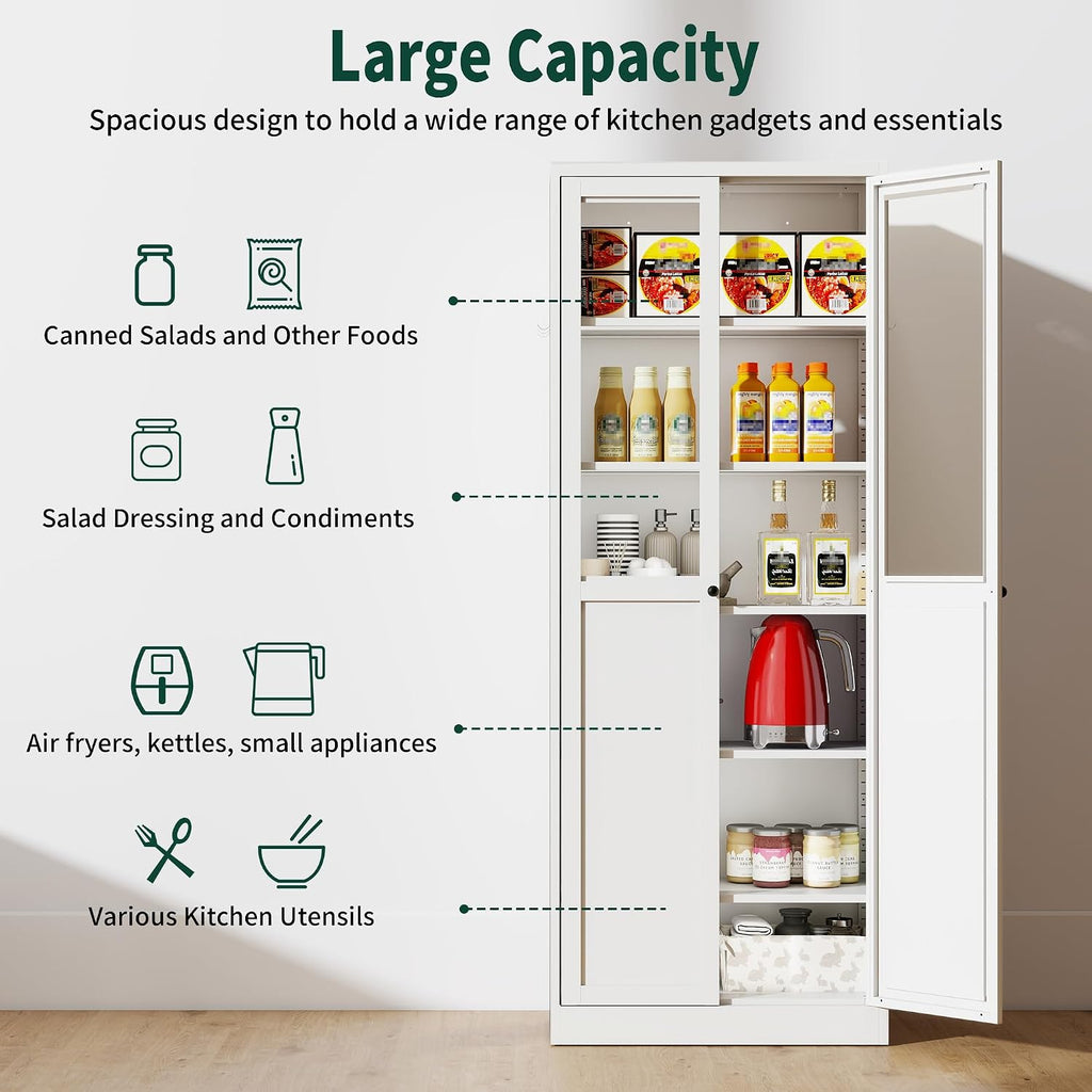 Kitchen Pantry Cabinet, 72" Tall Farmhouse Storage Cabinet, Kitchen Storage Cabinet with with Glass Doors and 5 Shelves, Cupboards Storage Shelf for Dining Room Use, Assembly Required