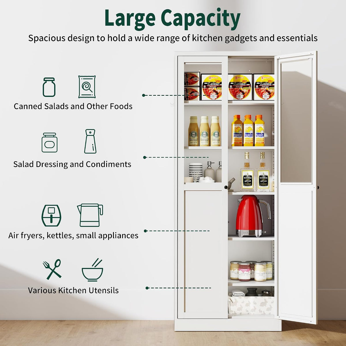 Kitchen Pantry Cabinet, 72" Tall Farmhouse Storage Cabinet, Kitchen Storage Cabinet with with Glass Doors and 5 Shelves, Cupboards Storage Shelf for Dining Room Use, Assembly Required