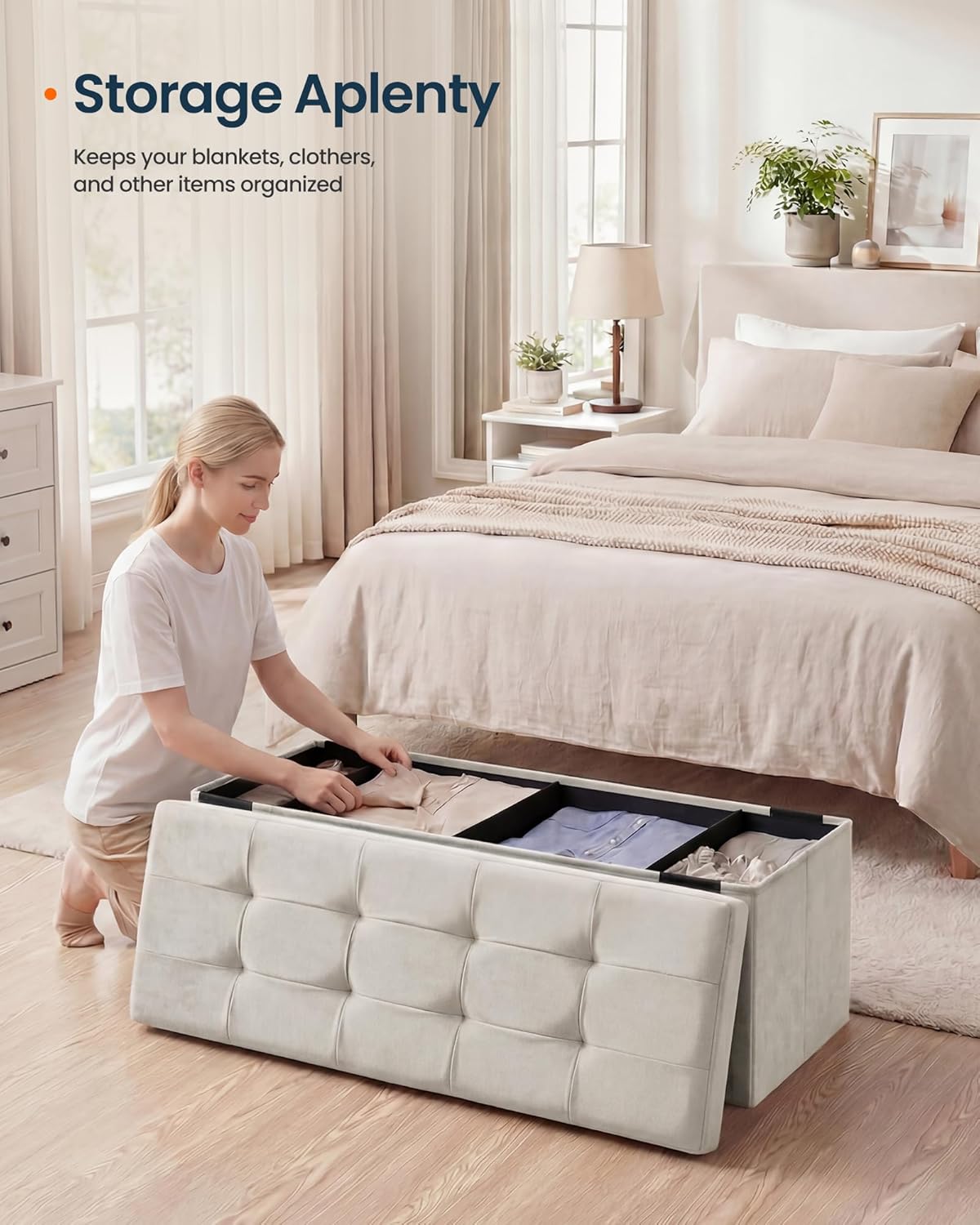 SONGMICS HOME Ottoman with Storage, Removable Lid, Folding Storage Chest, Easy Assembly, for Entryway, Bedroom, Living Room, 15.2 x 43.2 x 15.2 Inches, Velvet, White
