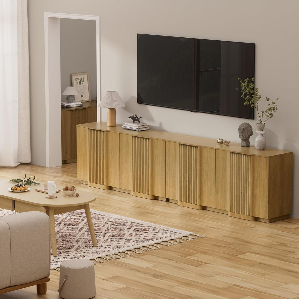 Brafab Buffet Cabinet, 110" Modern Farmhouse Accent Sideboard Cabinet with 8 Doors, Wood Fluted Credenza for Living Room and Kitchen, Natural Oak