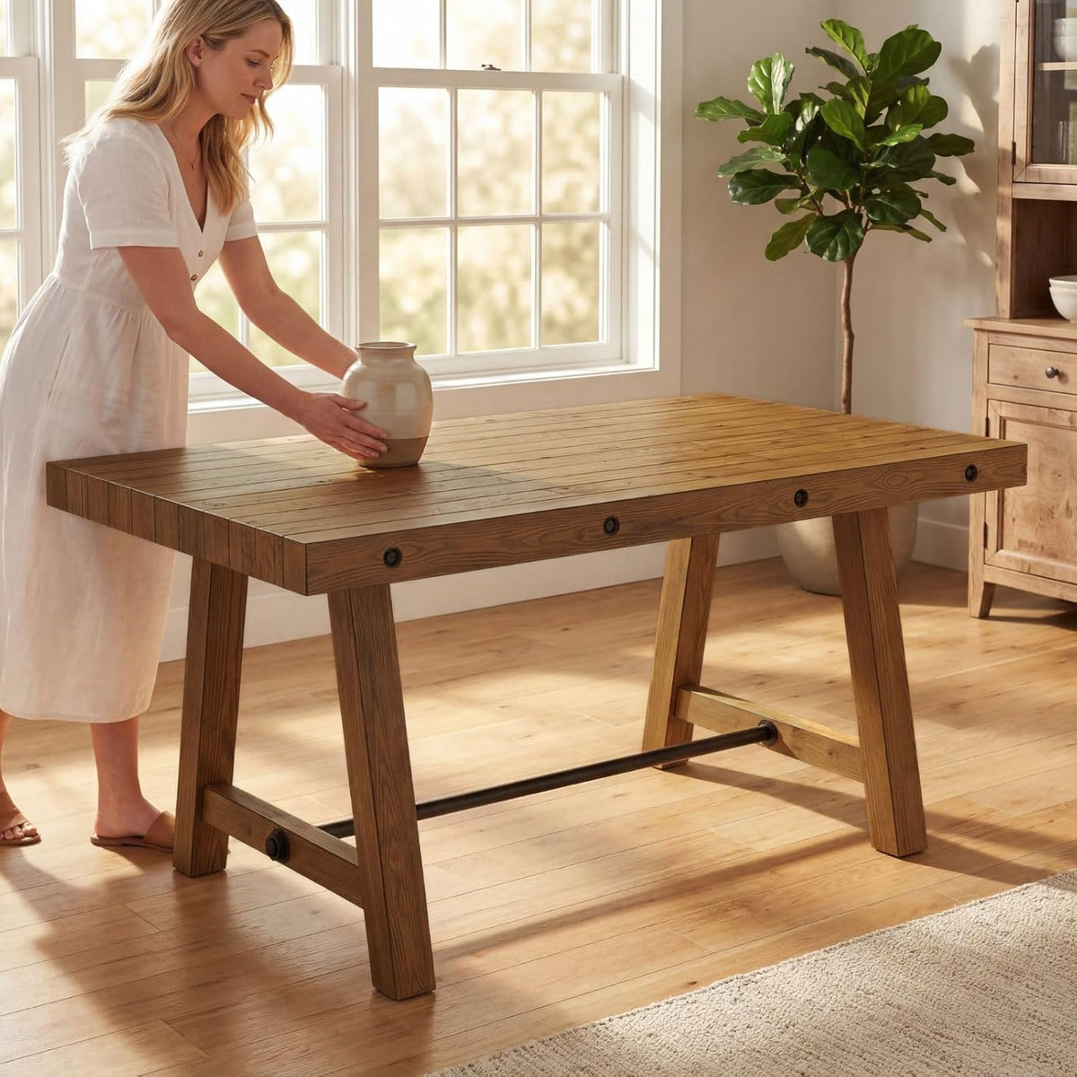 chairus 59'' Farmhouse Dining Table, Solid Wood Rustic Kitchen Table with Metal Stretcher, Large Rectangular Wooden Dining Room Table for Living Room/Home Office, Easy Assembly, Light Walnut