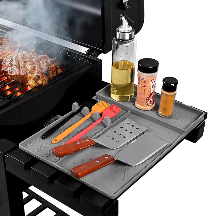 Griddle Mat Barbeque Grill Accessories Tools for Blackstone, Side Shelf Food-Grade Silicone Grill Mat, Spatula Silicone Mat with Drip Pad for Outdoor Grill Kitchen Counter - Grey
