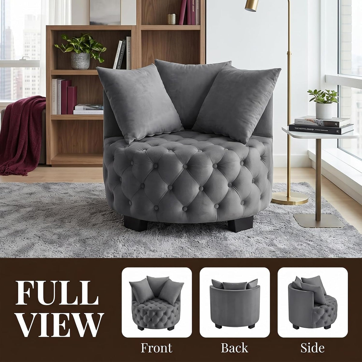 Upholstered Tufted Accent Barrel Chair with 3 Pillows, Contemporary Round Lounge Club Sofa Chair, Leisure Armchair for Living Room Hotel Bedroom, Dark Gray Velvet