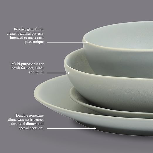 Gibson Elite Zion Mist 16 Piece Stoneware Reactive Glaze (Service for 4) Ceramic Plates and Bowls Modern Organic Dinnerware Set - Blue