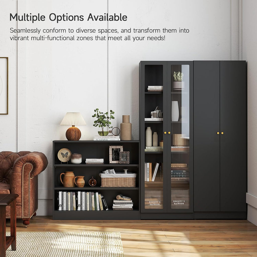 Metal Black Bookshelf, Short Bookshelf with Adjustable Shelves, 3 Tier | Open Bookcase, Small Storage Cabinet, Office Shelves, Cabinet Display Case for Home Office, Living Room, Library, Classroom