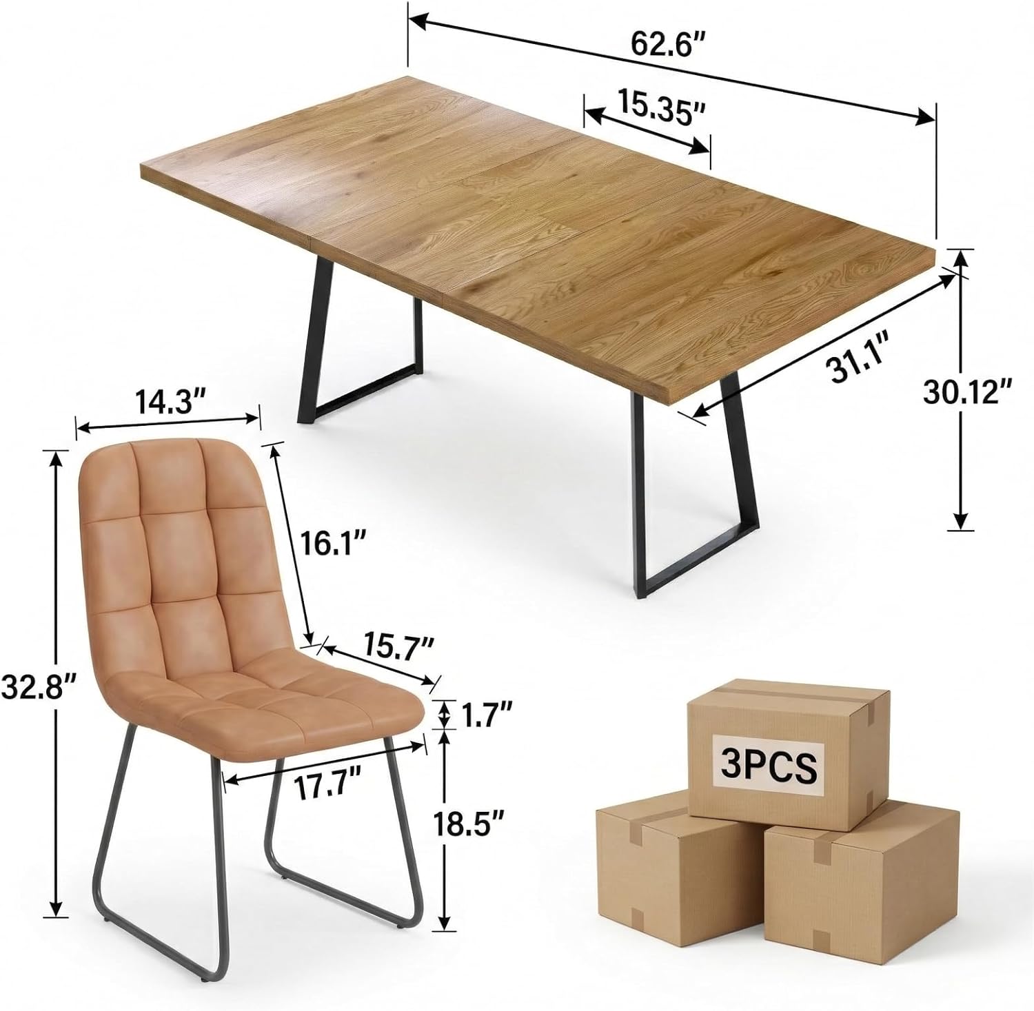ZckyCine Butterfly Leaf Extendable Dining Table Set 47"-63", Rustic Wood Table with 6 PU Leather Chairs, Modern Scandinavian Dining Room Furniture for Kitchen Apartment