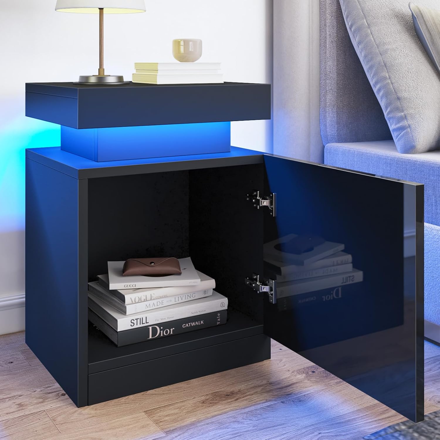 MXV Nightstand Set of 2 with LED Lights, 24in Tall Night Stand with Storage Cabinet for Bedroom, Bedside Table with LED (Black, 17.7" D x 14.37" W)