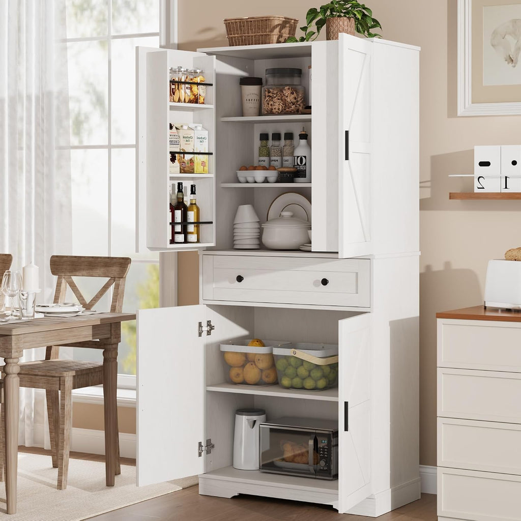 Garvee 71" Kitchen Pantry Cabinet, Barn Door Freestanding Cupboard with Drawer, Sliding Storage Rack, and 6 Hanging Shelves for Kitchen, Dining Room, Living Room Bedroom