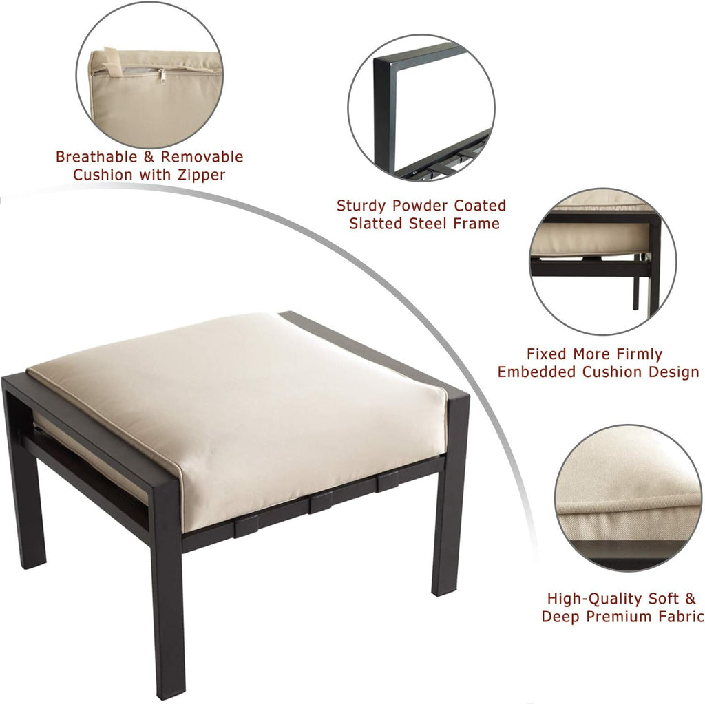 Festival Depot Dining Outdoor Patio Bistro Furniture Ottoman Footstool with Slatted Steel Frame Legs with Embed Premium Fabric Soft & Comfortable 4.3" Cushion Foot Rest for Garden Yard All-Weather