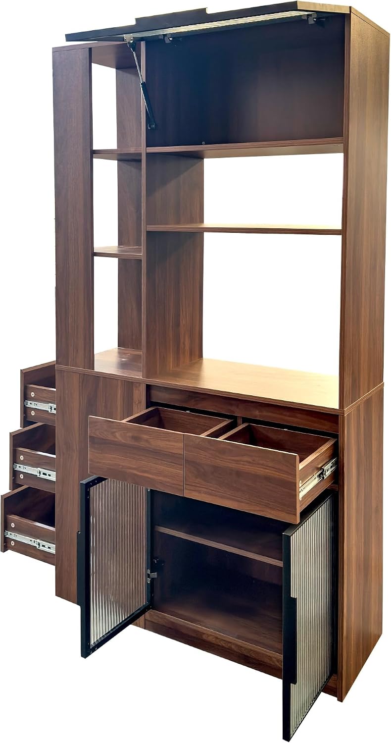 70.87" Tall Kitchen Pantry Cabinet with Multi-Tier Storage, Freestanding Food Hutch with 5 Drawers & 3 Glass Door and Microwave Stand, Coffee Bar Storage Cabinet Entrance Organizer, Walnut