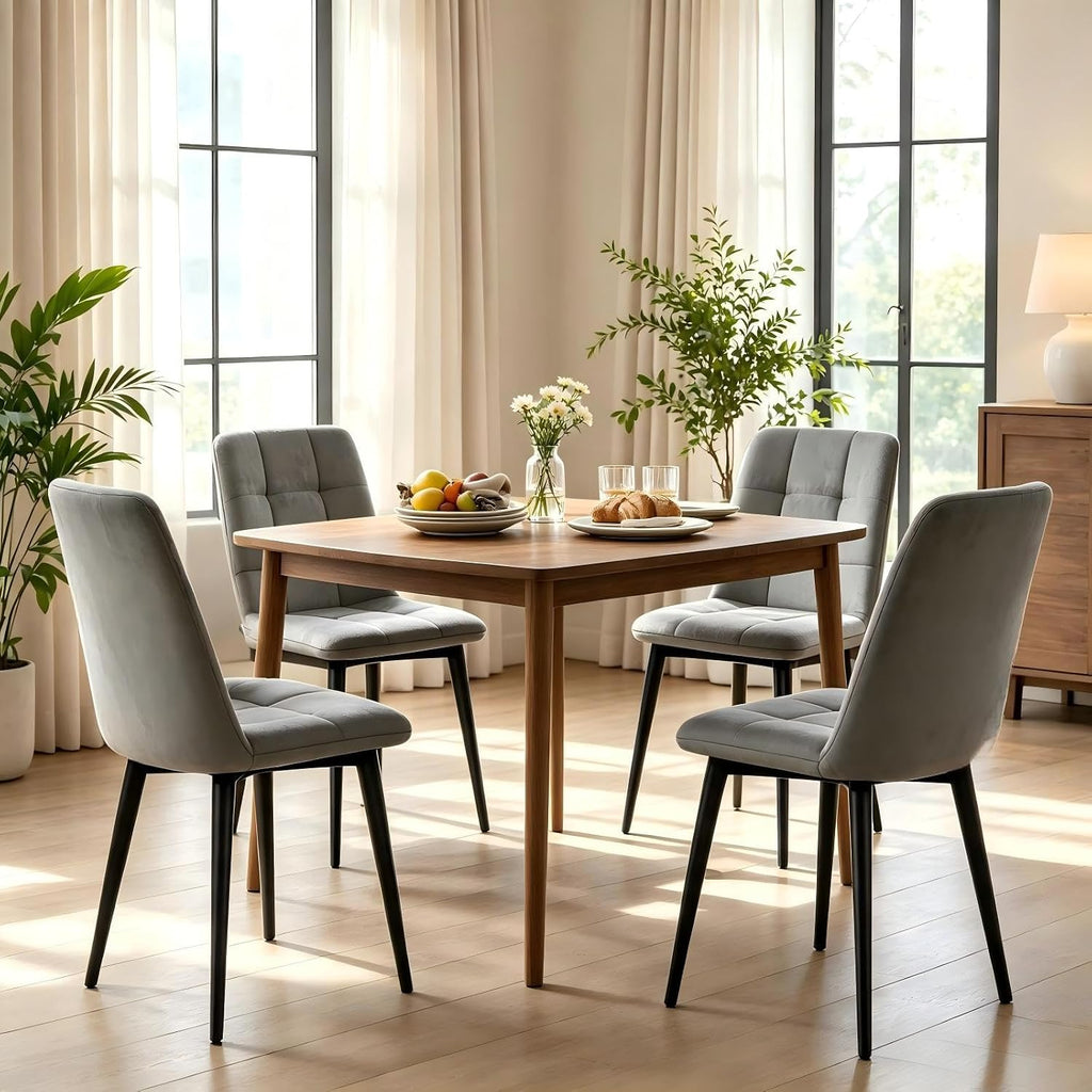 Velvet Dining Chairs Set of 4, Mid Century Upholstered Gray Dining Room Chairs Tufted Upholstered Kitchen Chairs Set of 4 for Dining Room, Bedroom, Living Room, Gray