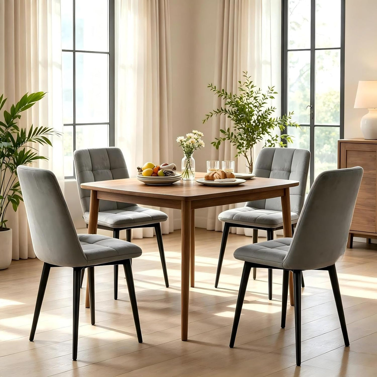 Velvet Dining Chairs Set of 4, Mid Century Upholstered Gray Dining Room Chairs Tufted Upholstered Kitchen Chairs Set of 4 for Dining Room, Bedroom, Living Room, Gray