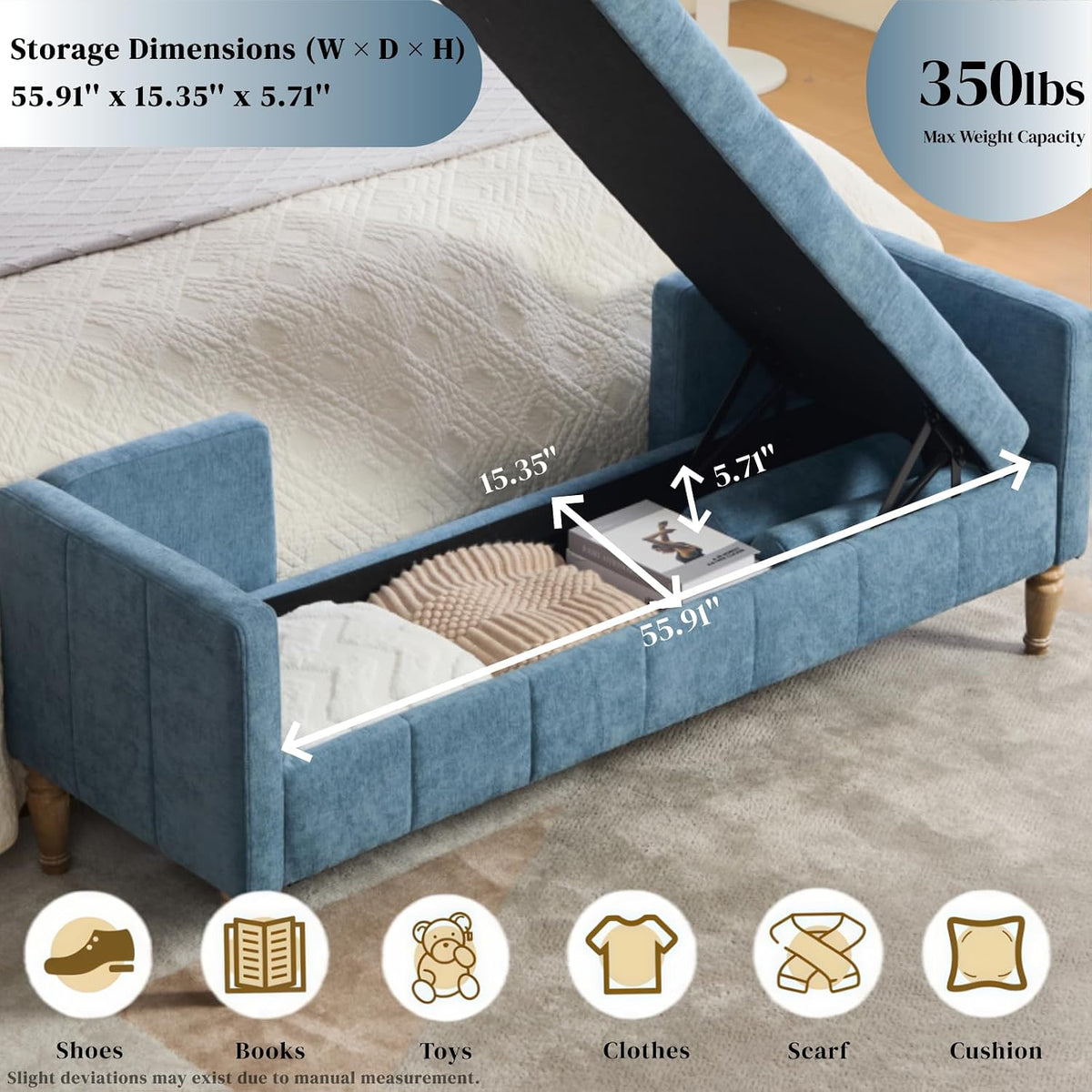 Aoiy & Wifon 64.57" W End of Bed Bench King Size, Upholstered Large Storage Ottoman Bench with Bolster Pillows & Armrest, Window Seat Bench for Living Room Bedroom, Chenille, Blue