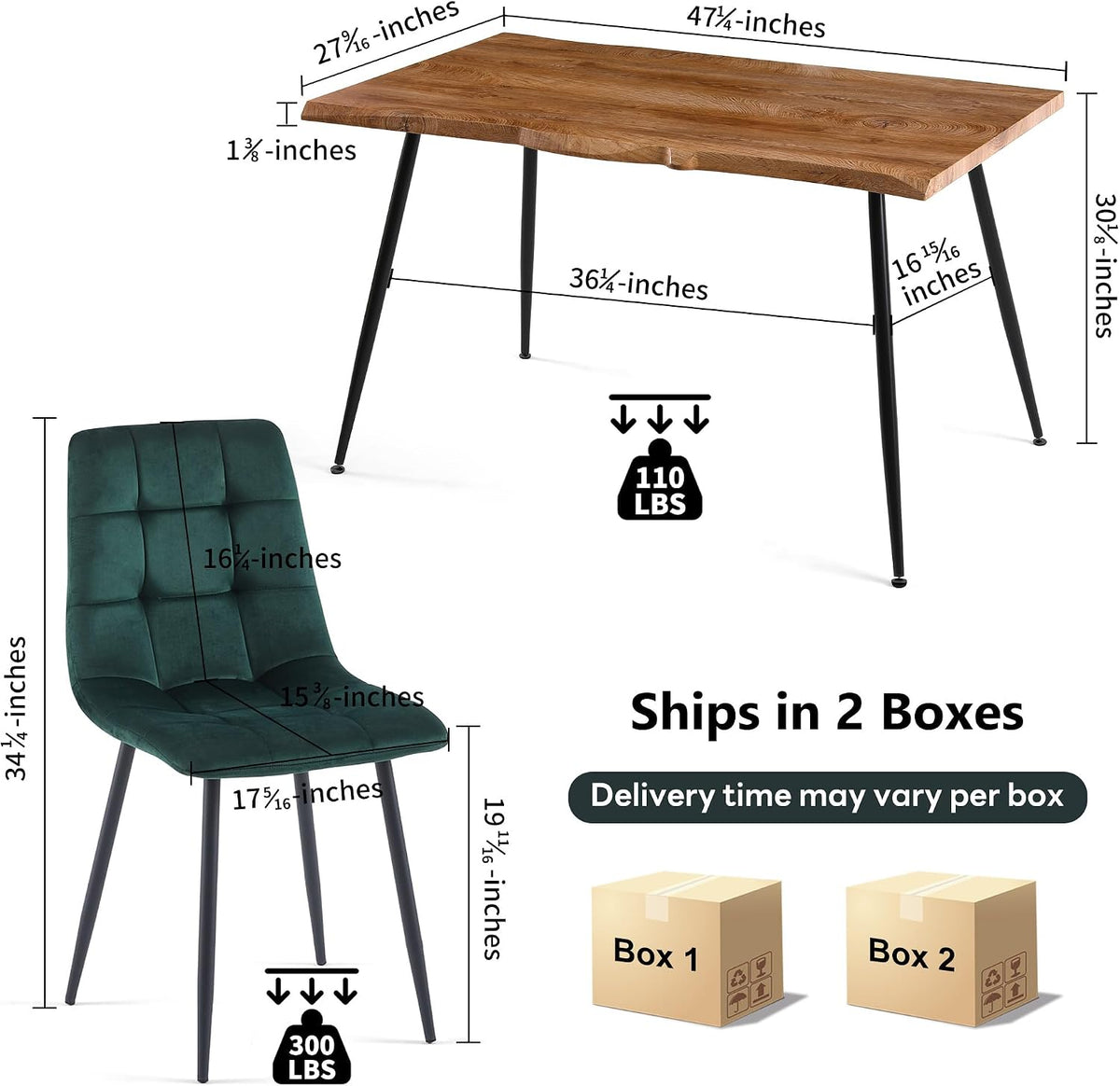 NORDICANA 5-Piece Dining Table Set, 47 in Modern Irregular Rectangle Kitchen Table & 4 Forest Green Velvet Upholstery Side Chairs, Metal Legs, Dining Room Set for 4