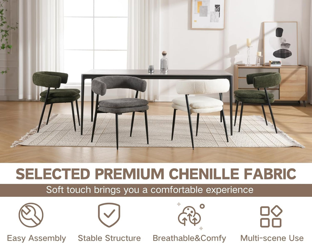 Shunzhi White Upholstered Dining Chairs Set of 6 Modern Barrel Boucle Fabric Dining Room Chairs Comfy Kitchen Chairs Chenille Armless Side Chair with Curved Back for Living Room/Restaurant