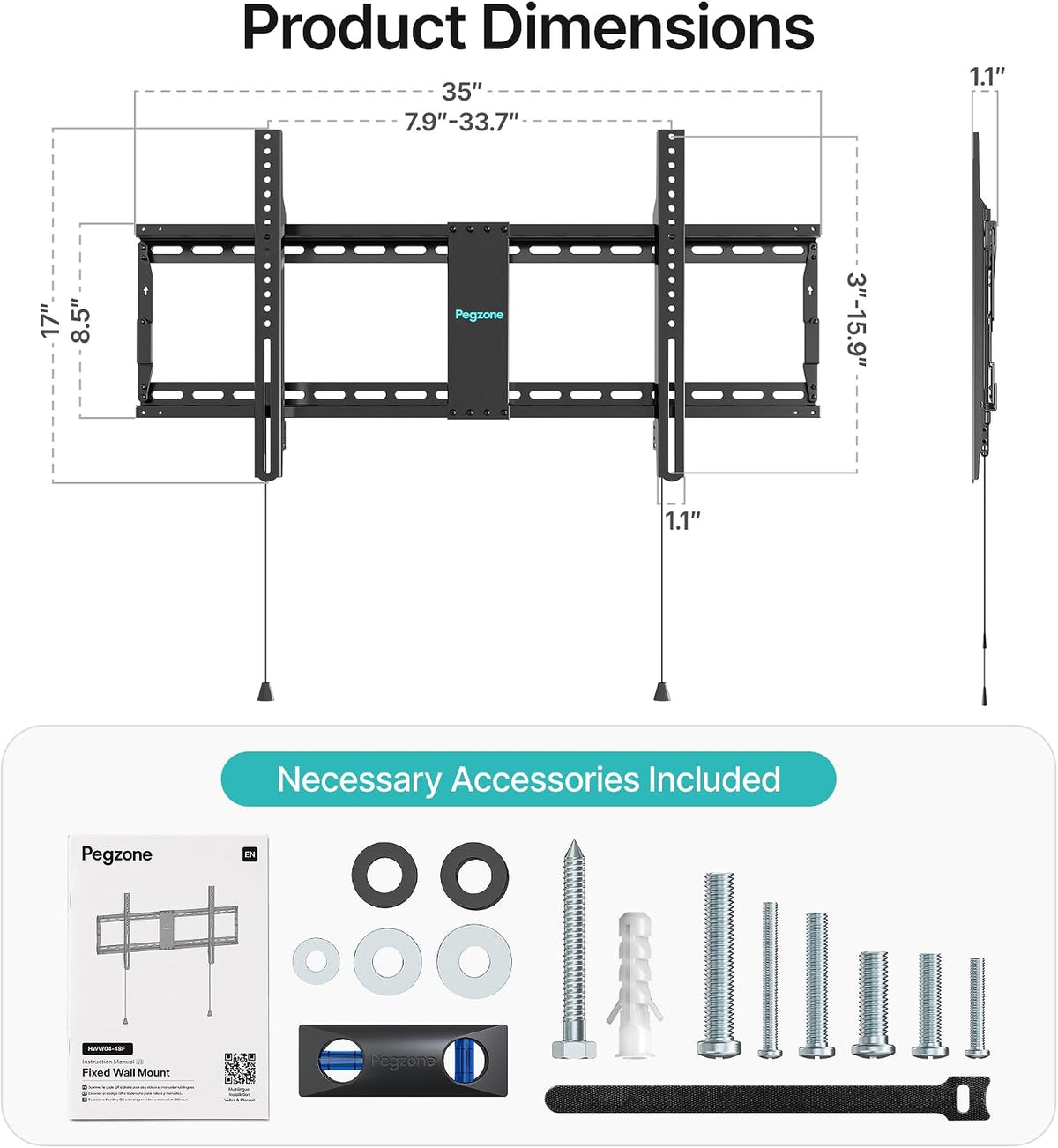 PEGZONE Low Profile TV Wall Mount for 43-95 Inch TVs, 1.1 Inch Ultra Slim | Fixed TV Wall Mount with 220 lbs Capacity, Max VESA 800x400mm, Fits 16"/18"/24" Wood Studs & Concrete Walls