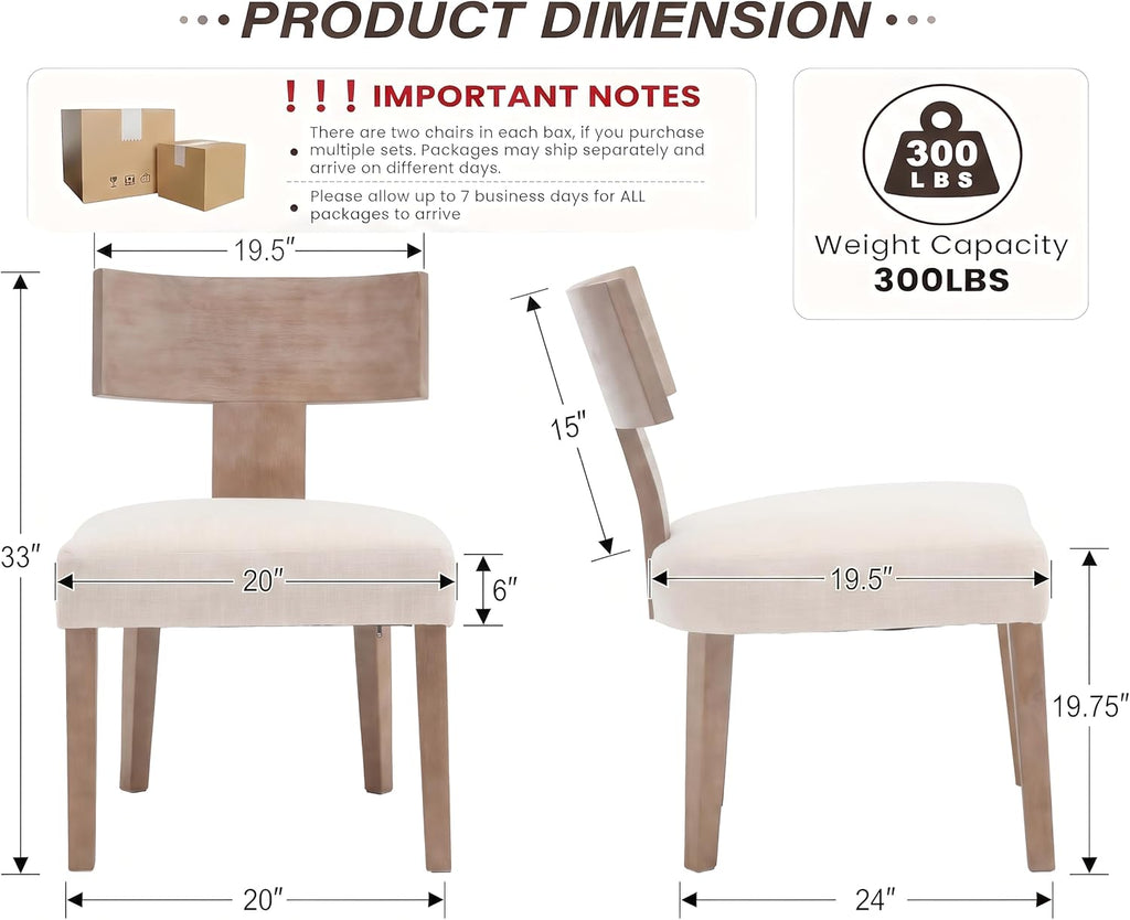 Linen Dining Chairs Set of 6 with Natural Wood Legs, Farmhouse Upholstered Side Chair with Curved Backrest for Living Room/Restaurant, Beige-Light Brown Legs
