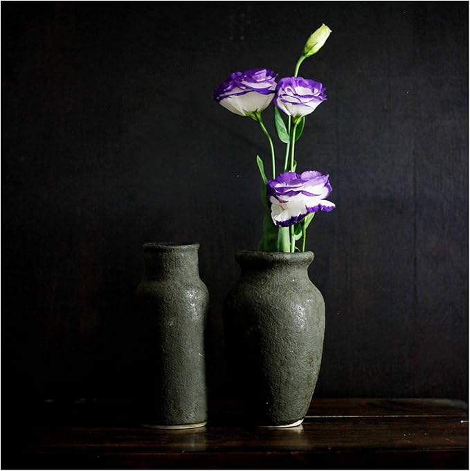 roro 7-Inch Handmade Textured Black Ceramic Prunus Vase - Artisan Handcrafted for Home & Office Decor, Ideal Housewarming Gift, Modern Rustic Farmhouse Minimalist